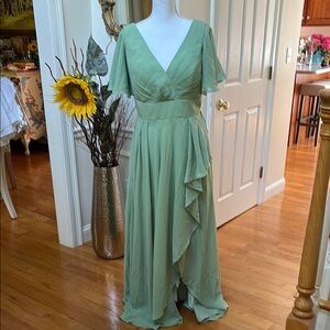 Green Asymmetrical Pleated Gown with Flutter Sleeves